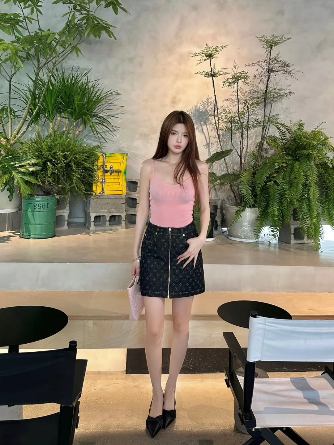 L 25 Colorblocked Printed Zipper Denim Half Skirt