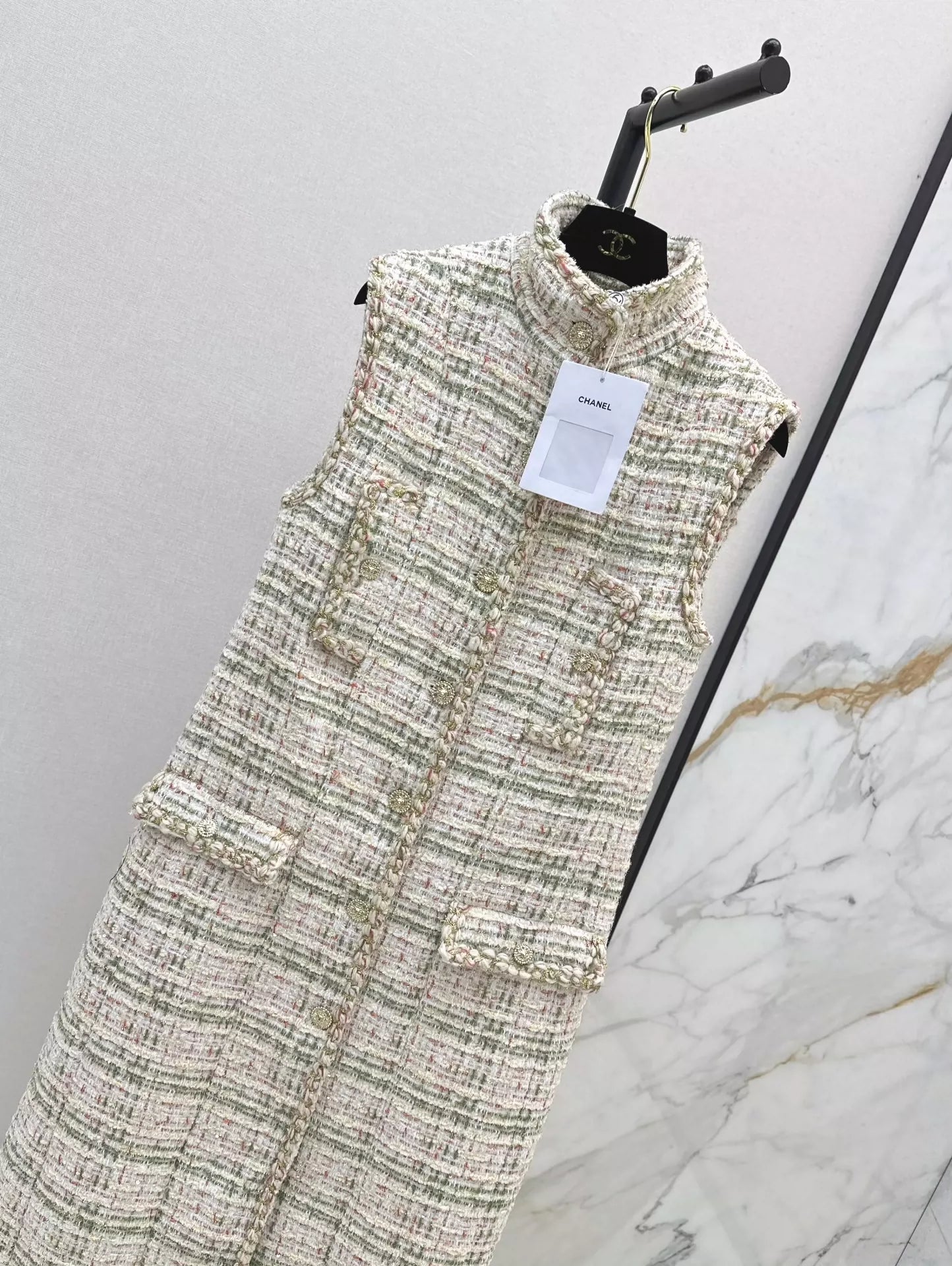 C 25fw Woven long tweed vest dress