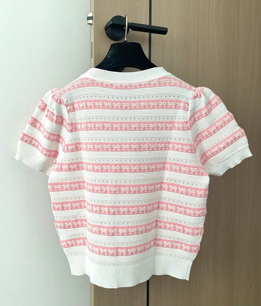 C 25 new striped bow round neck short sleeve knit