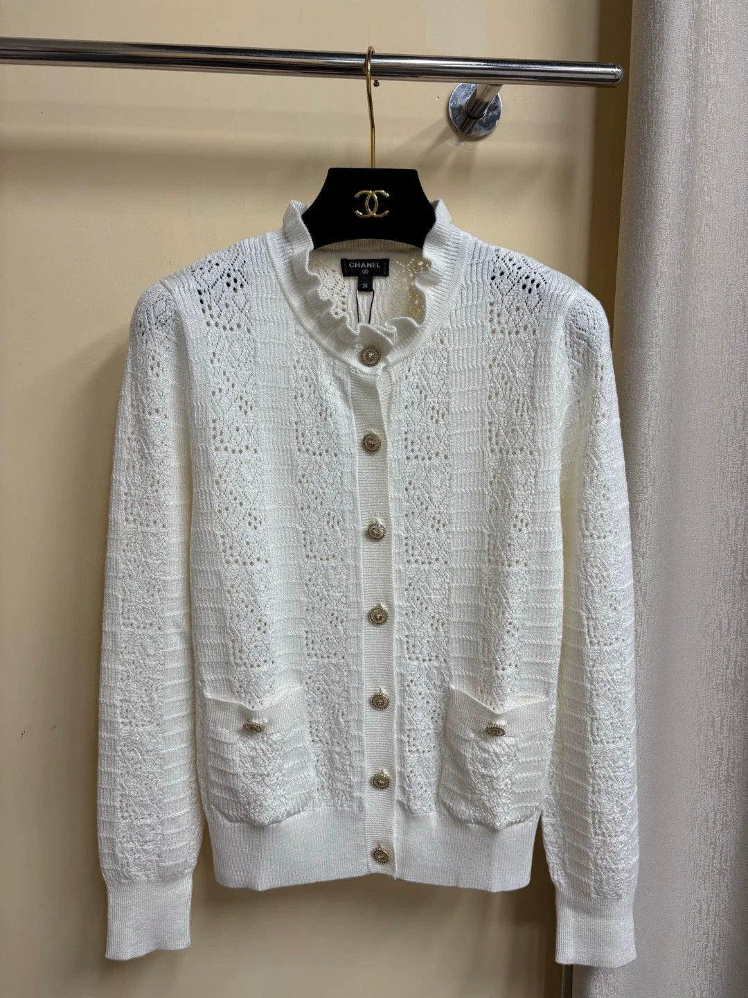 C 2025 Summer New Hollow Pocket Single-Breasted Ruffled Stand Collar Long-Sleeved Knitted Cardigan