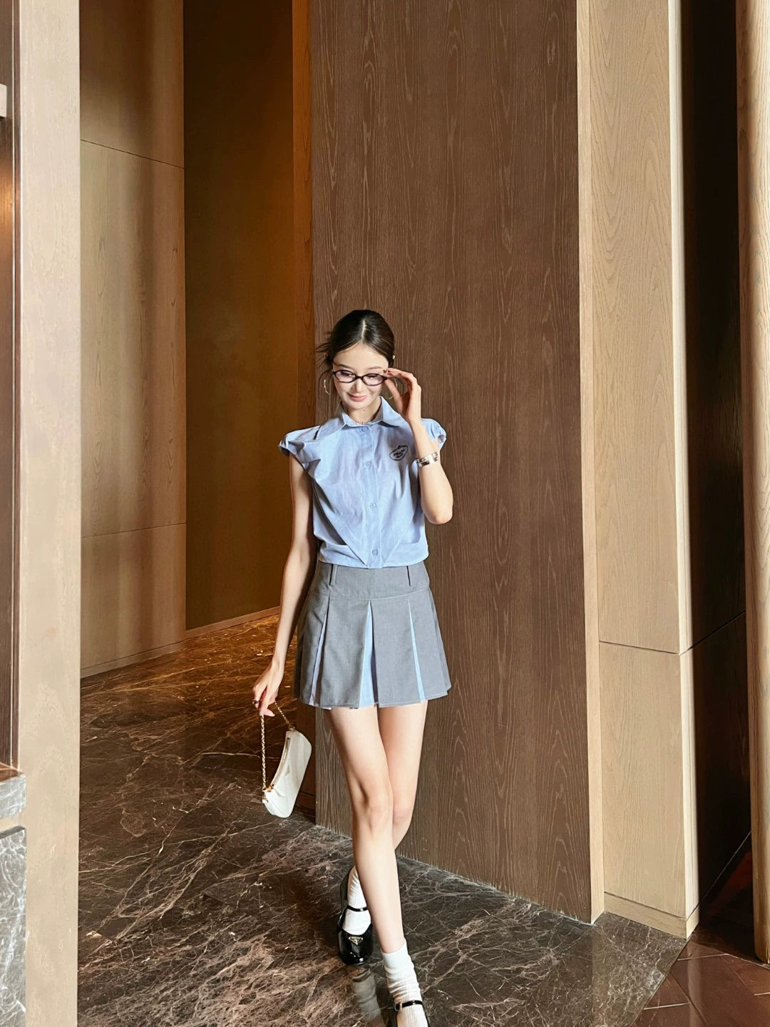 P 25 New Pleated bud sleeve blouse + pleated half skirt set
