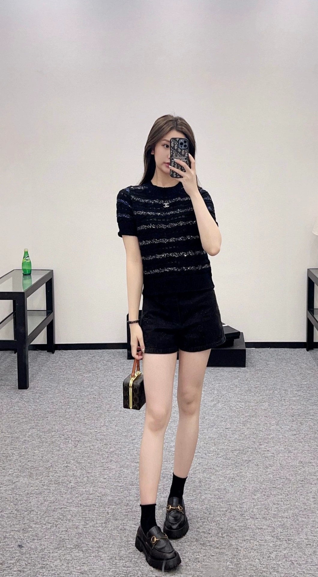 C 25 New Sequin Stripe Knit Short Sleeve Top