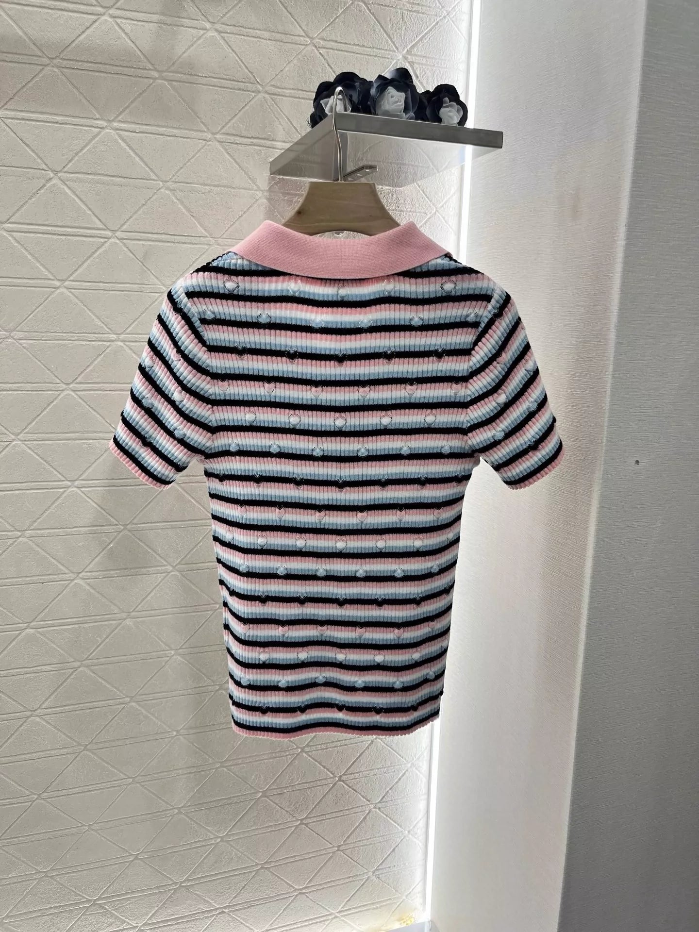 C 25 Lapel Striped Short Sleeve Top