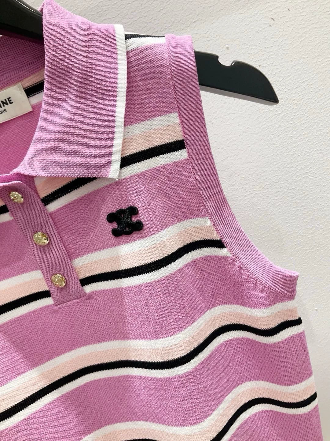 ce 25 New Striped Button Down Collar Sleeveless Knit Tank Top