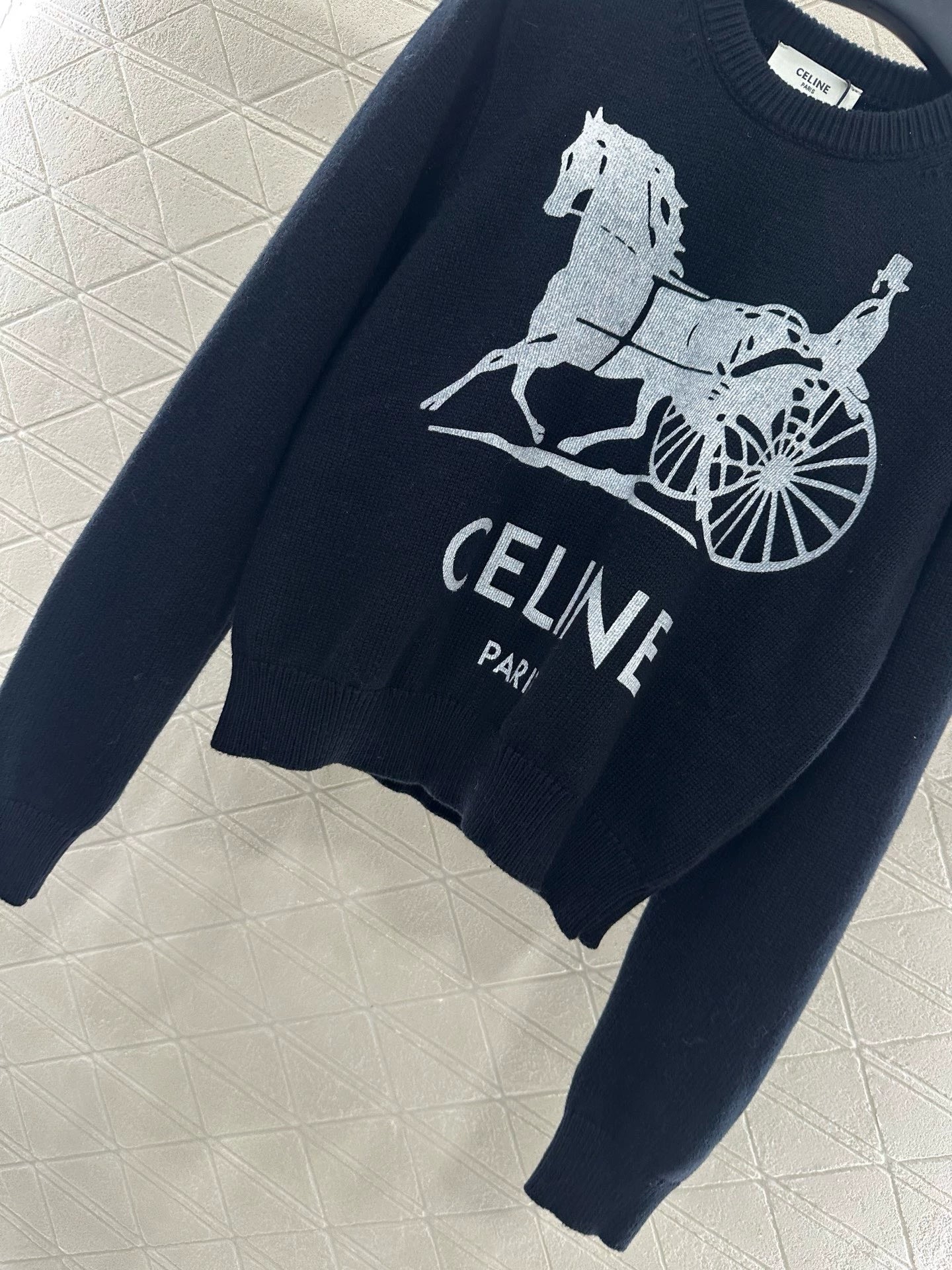 CE 25 Crochet letter carriage knit sweater(Beigei/black)
