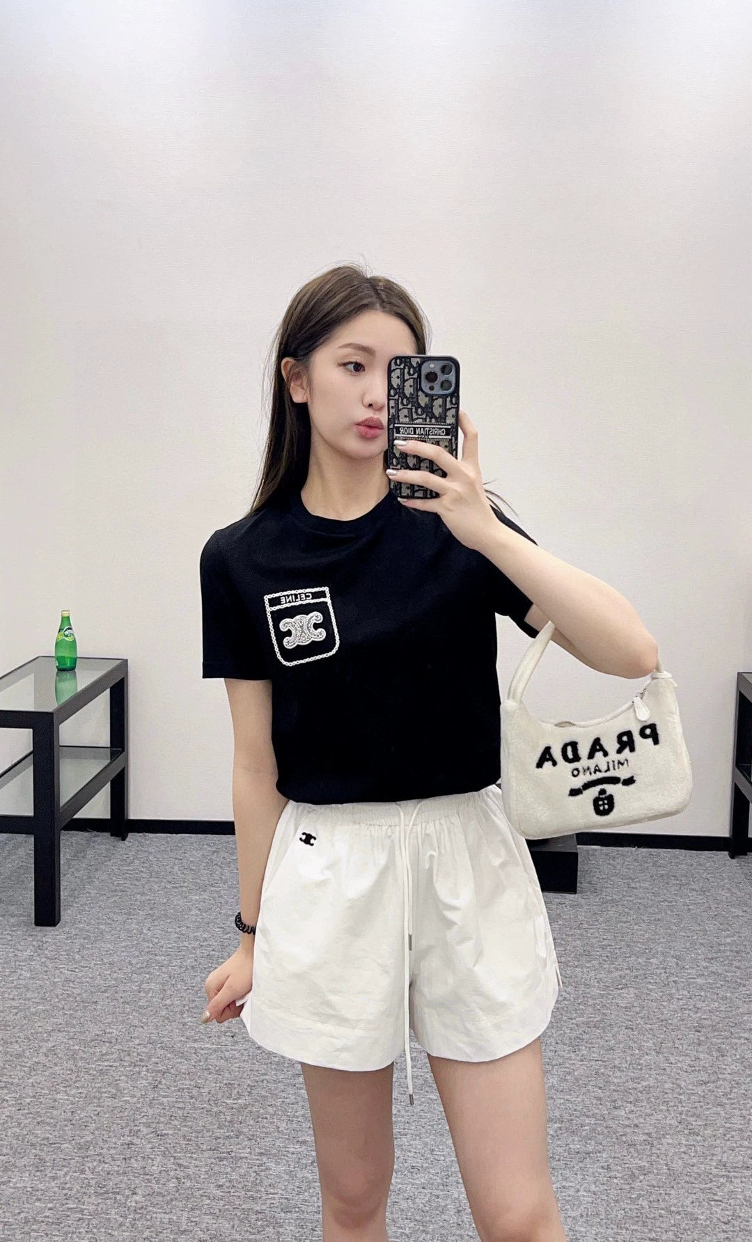 Ce 25 New Beaded embroidery letters round neck short sleeve T-shirt(pink black white)