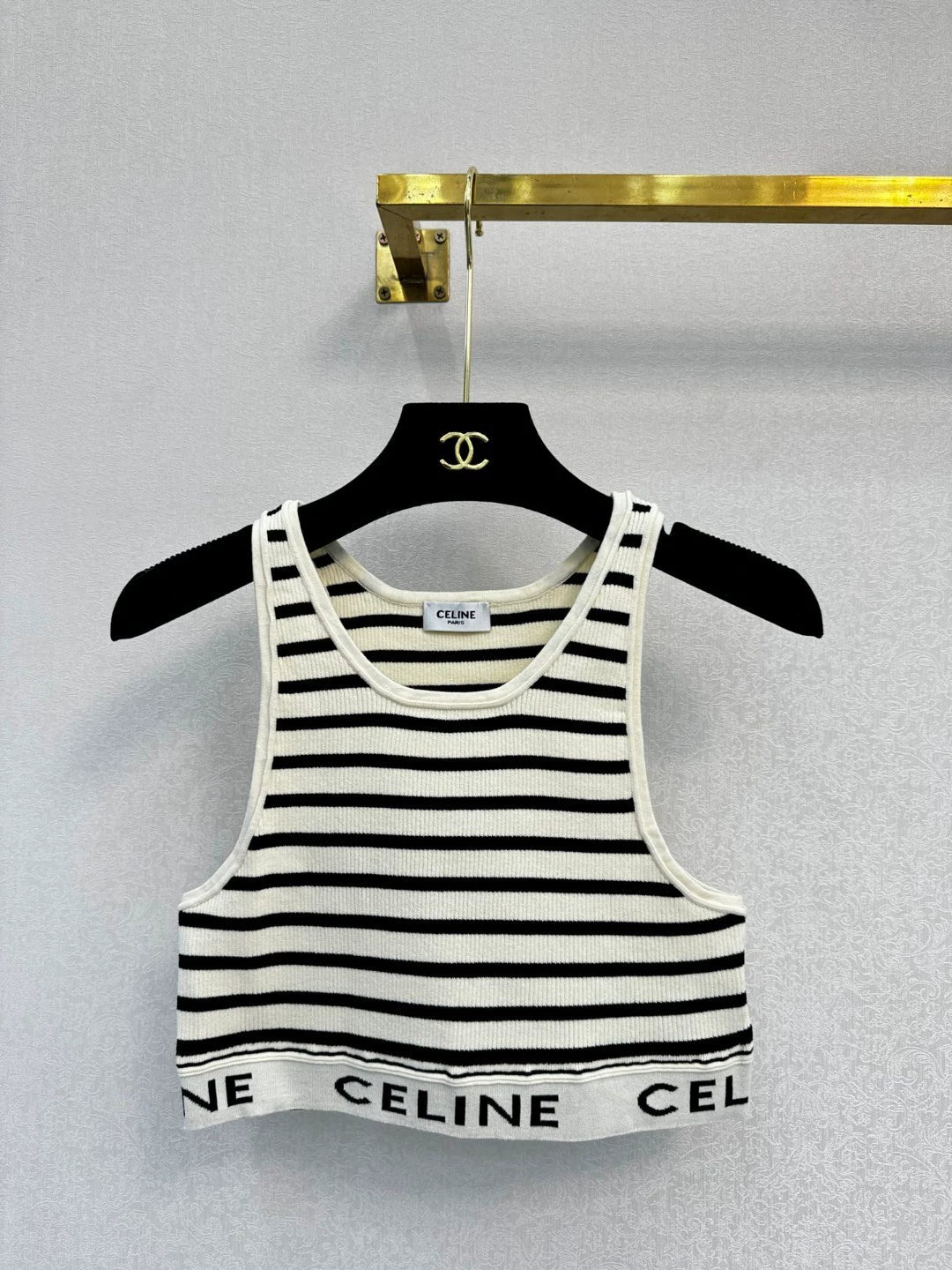 CE 25 New Clashing Stripe Letter Ribbon Knit Tank Top