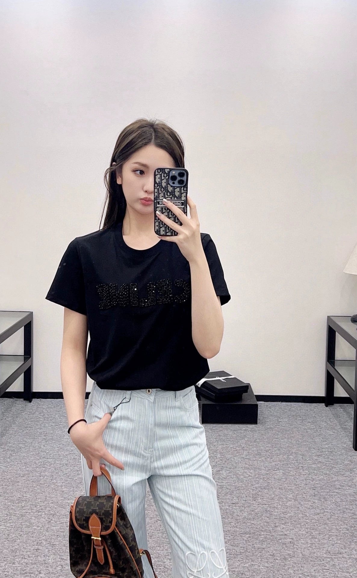 Ce 25 New Studded embroidery letters round neck short sleeve T-shirt