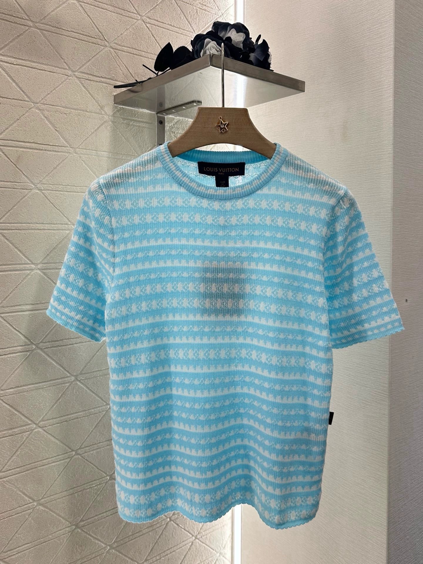L 25 Striped Crew Neck Knit Short Sleeve Top