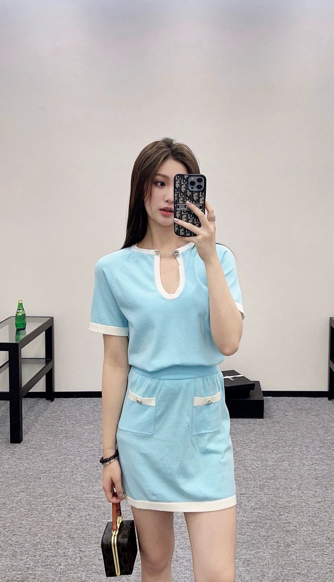 C 25 Chain Short Sleeve Top Half Skirt Set(Blue Navy)