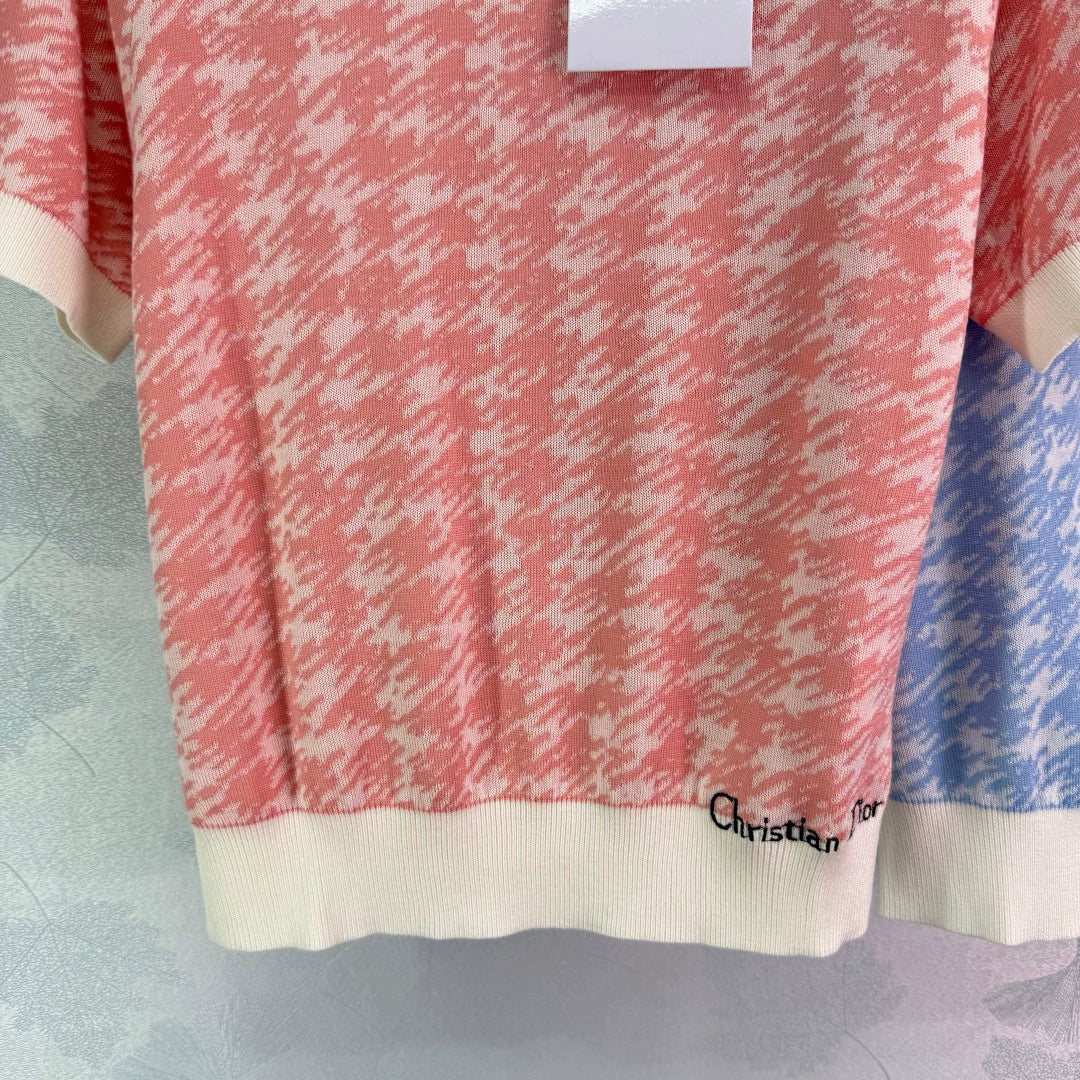 D 25 New Thousand Birdie Check Short Sleeve Knit Top