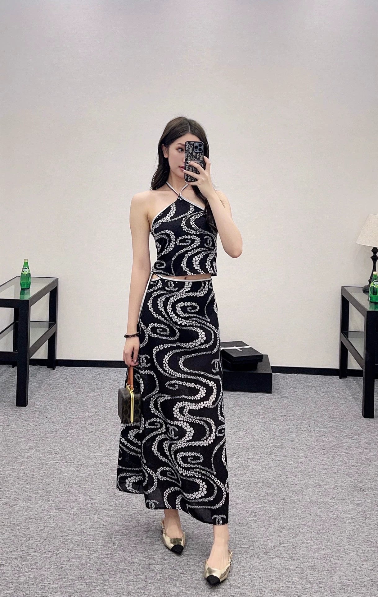 C 25 Printed Halter Neck Tank Top and Long Skirt Set