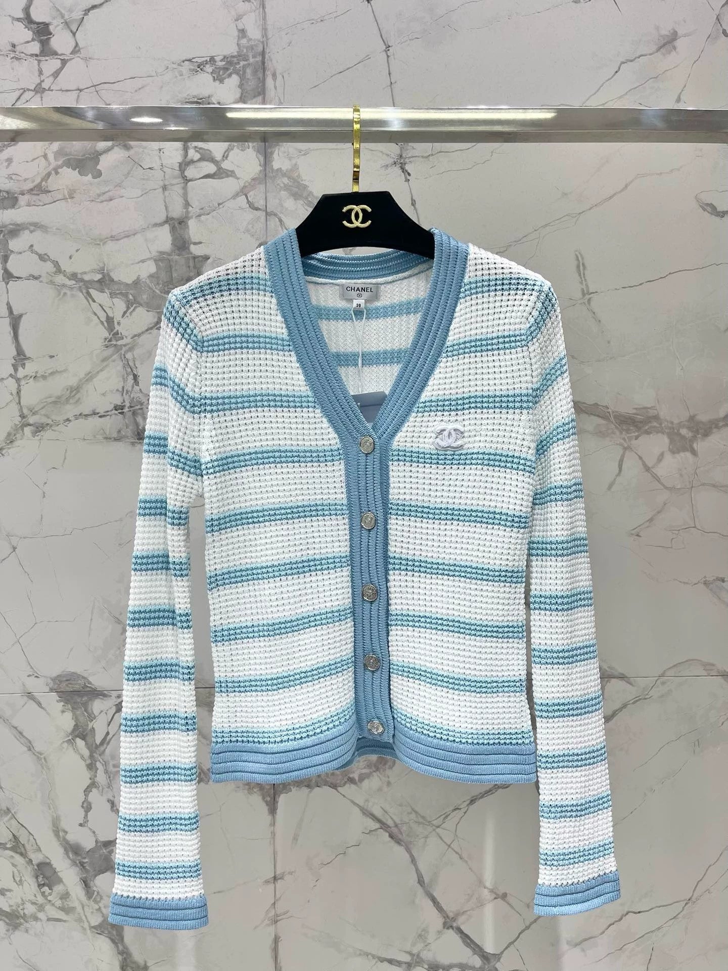 C 25 new hollow color matching striped knitted cardigan