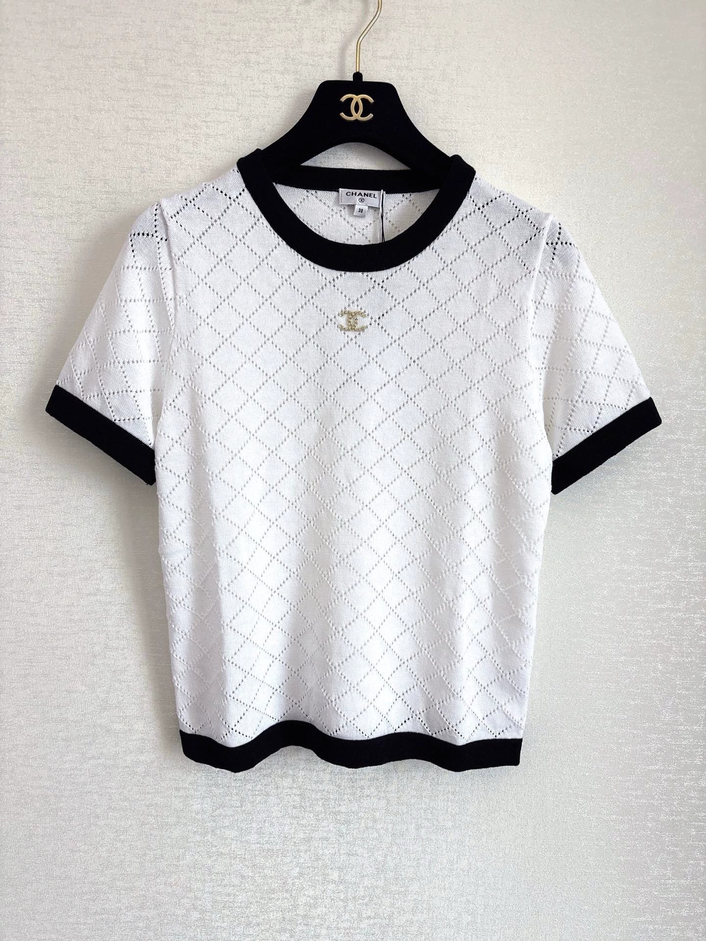 C 25 New Hollow Checkered Knit Short Sleeve