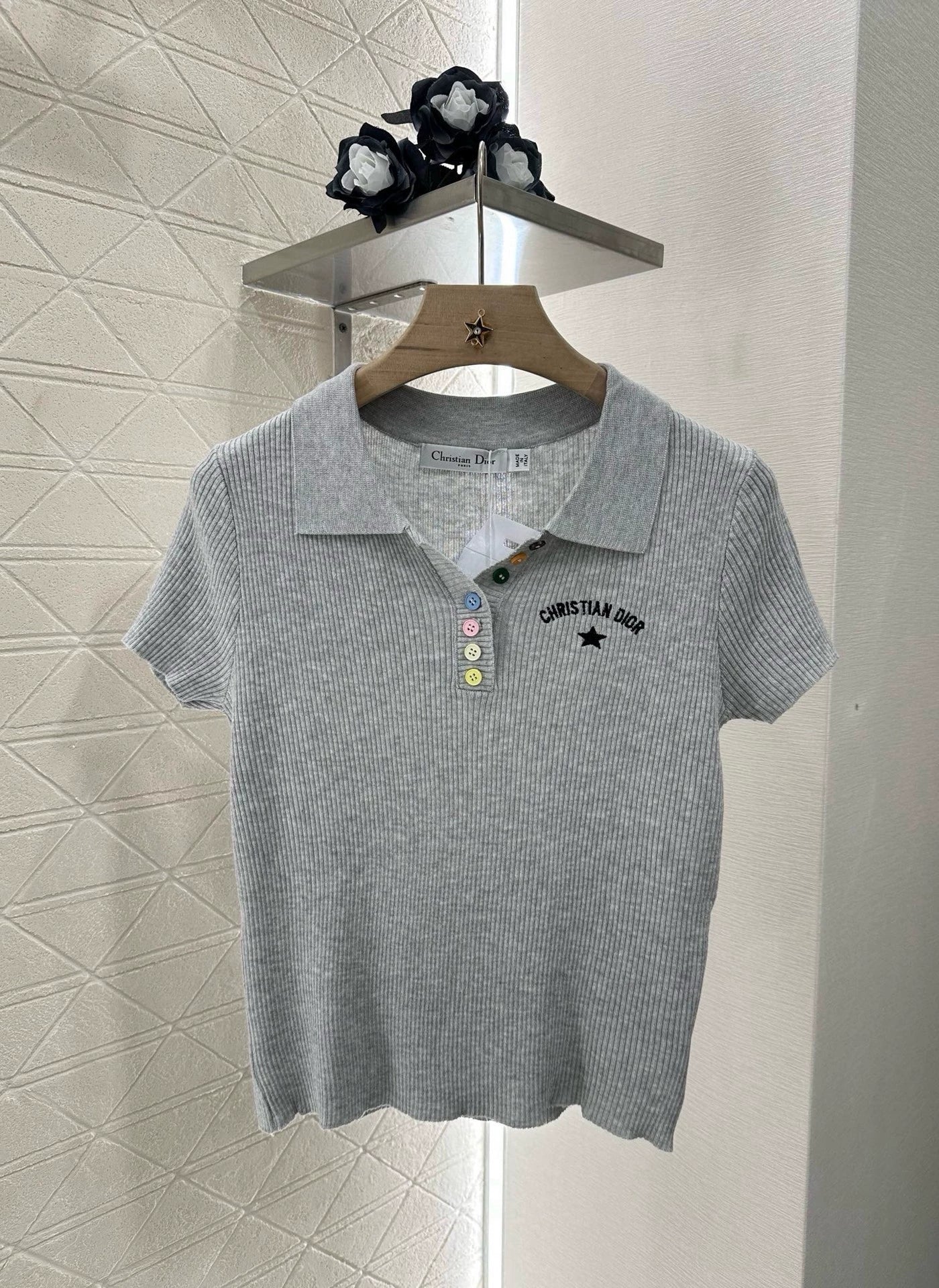 D 25 Slim Fit Lapel Knit Short Sleeve Top
