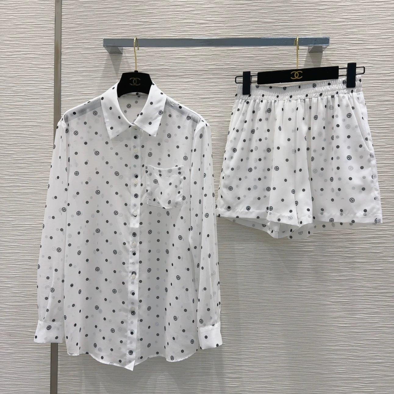 C 25 New Printed Pocket Long Sleeve Shirt Shorts Set