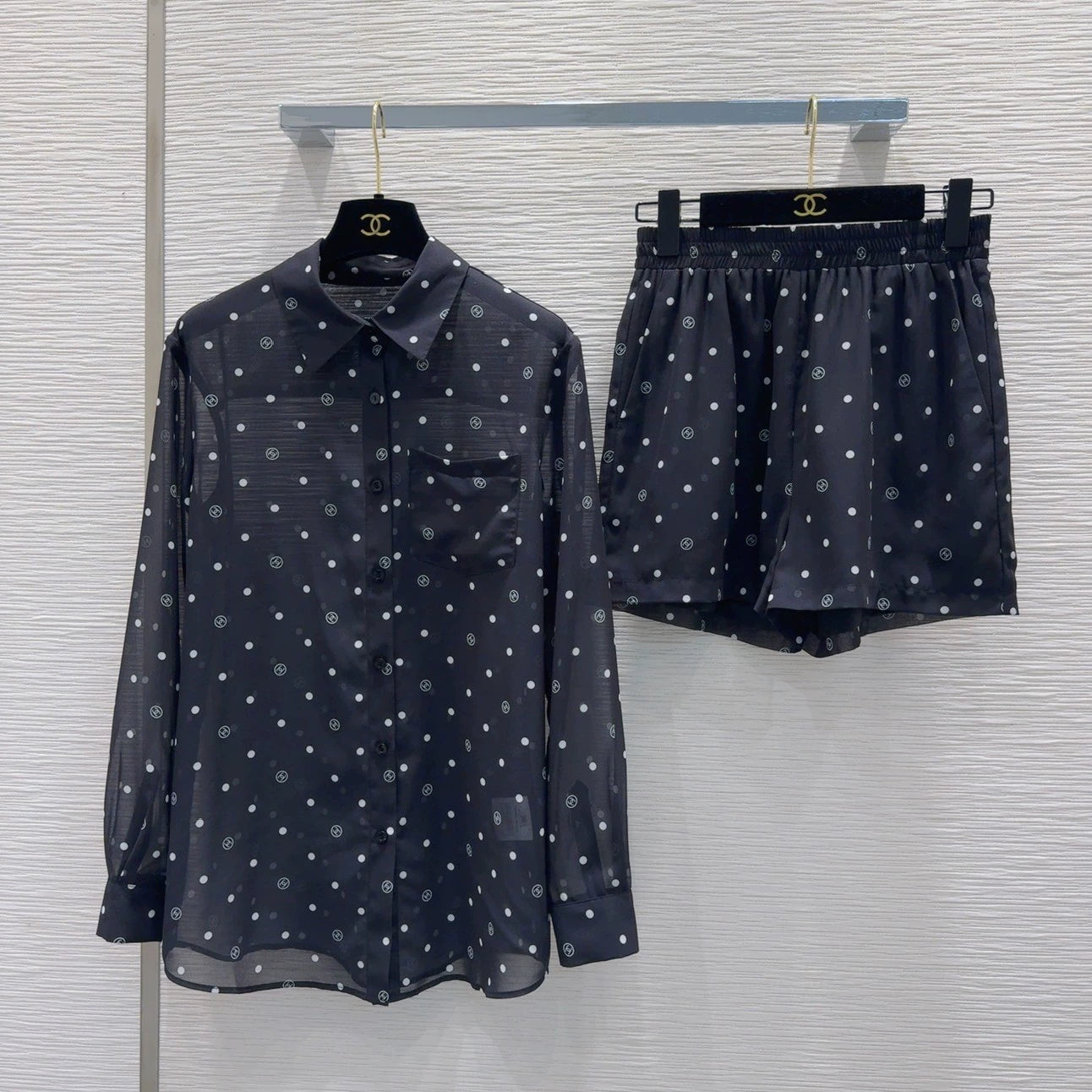 C 25 New Printed Pocket Long Sleeve Shirt Shorts Set