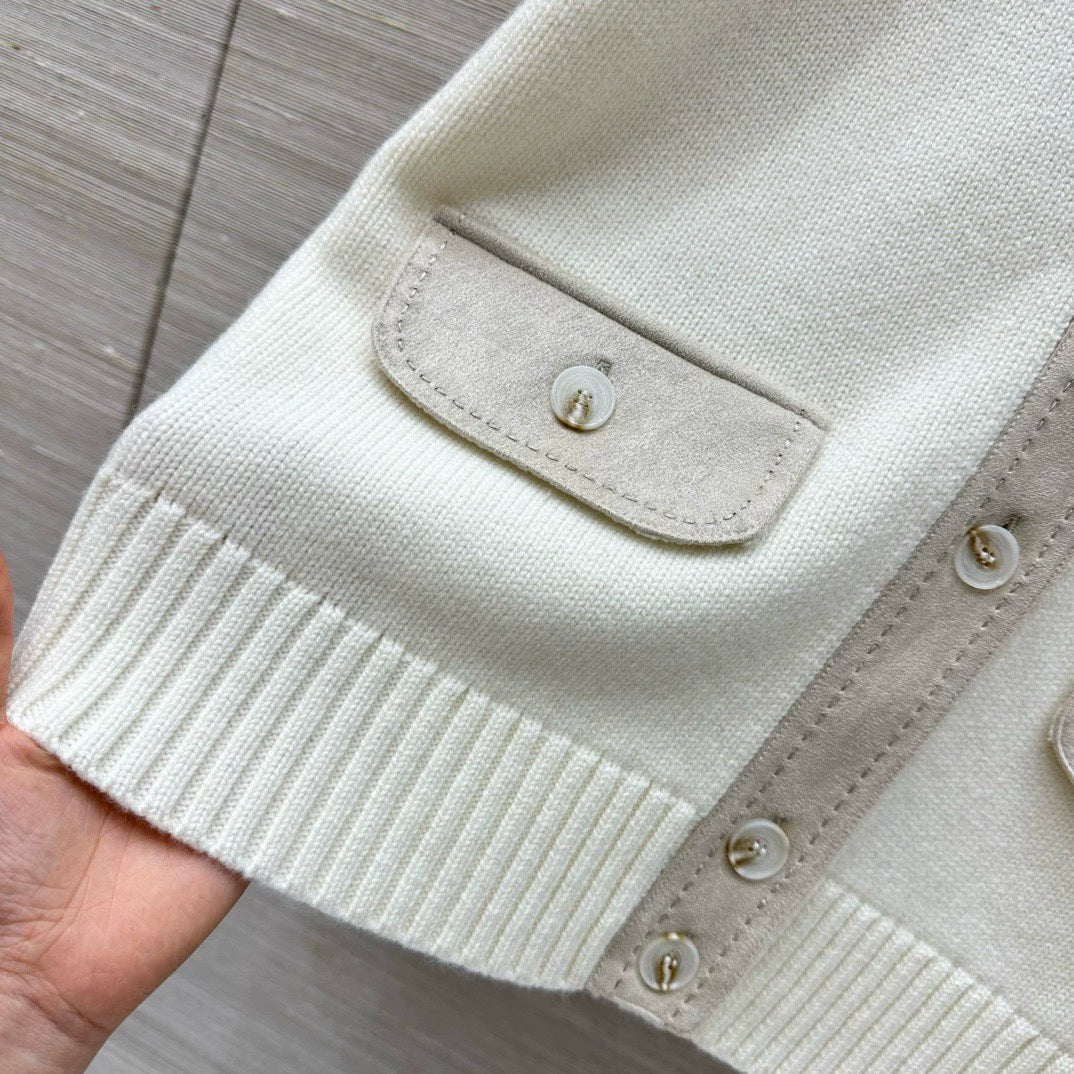 LOR 25 Autumn and Winter Lambskin Trim Leather Button Pure Cashmere Jacket