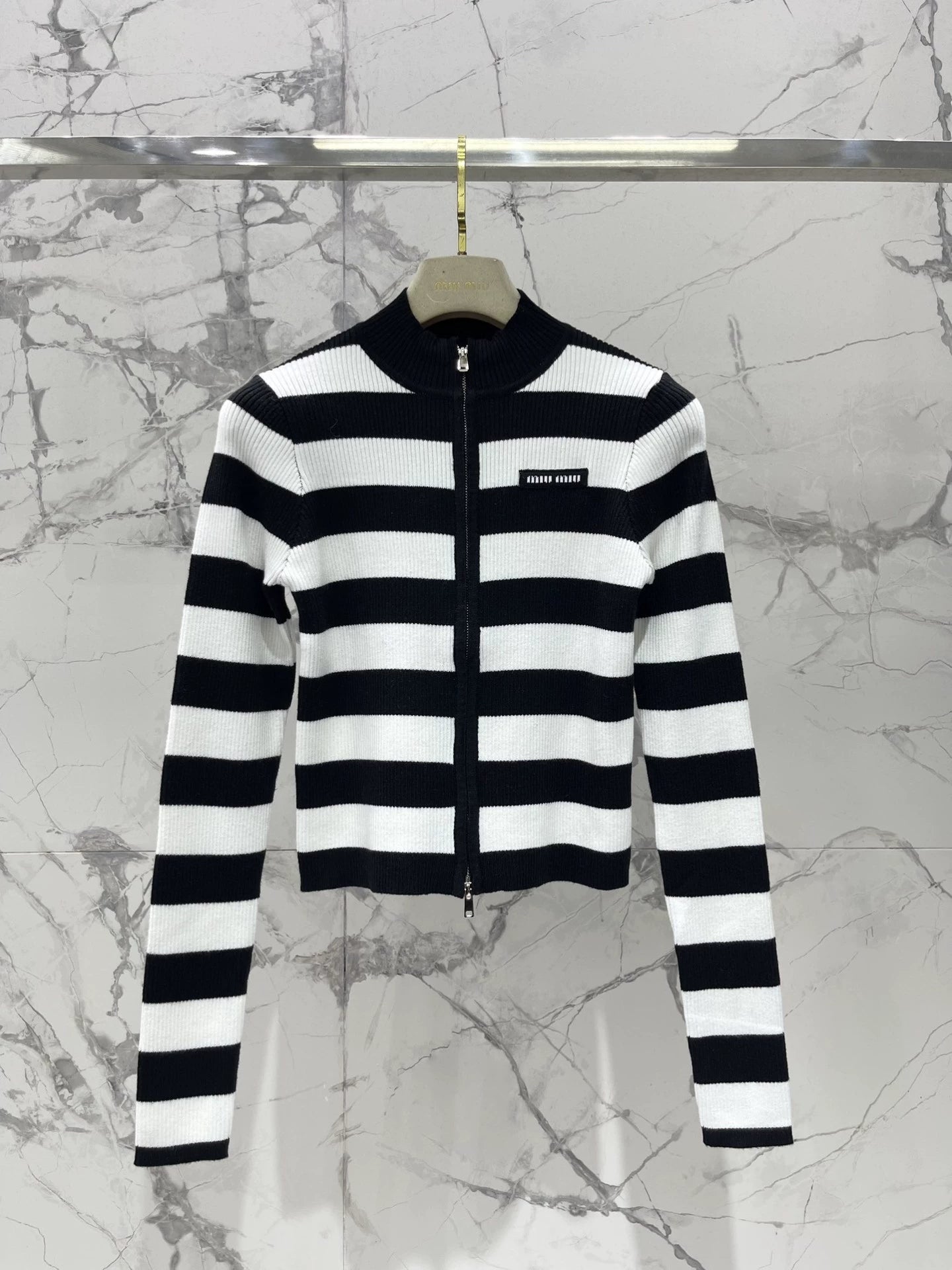 M 25 new logo contrast stripe zipper long sleeve knitted cardigan