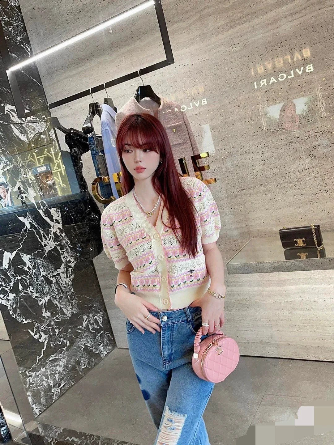 C 25 spring and summer new round neck striped hollow print knit cardigan