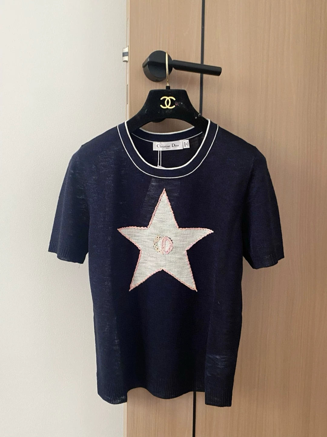 D 25 New Color Clash Stars Round Neck Short Sleeve Knit Top(white sapphire blue yellow )