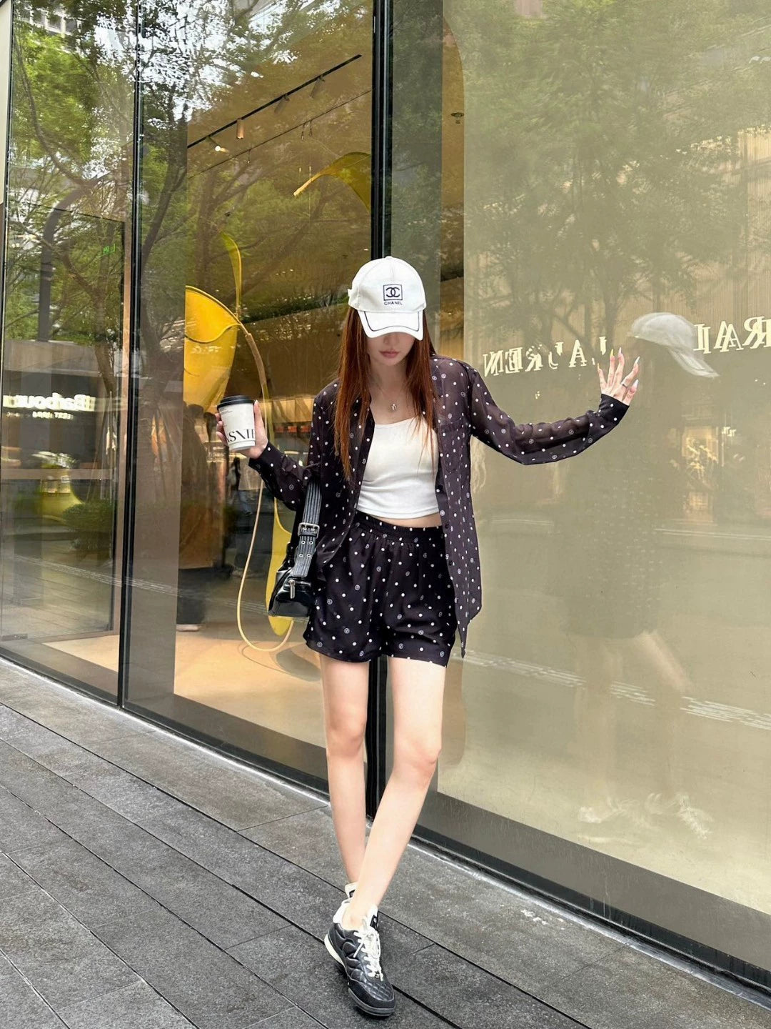 C 25 New Printed Pocket Long Sleeve Shirt Shorts Set