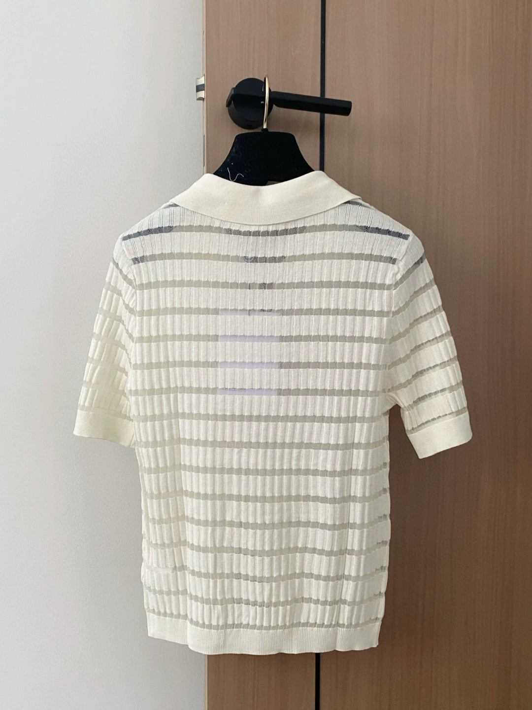 C 25 New Striped Buttoned Lapel Short Sleeve Knit Top(WHITE PINK)