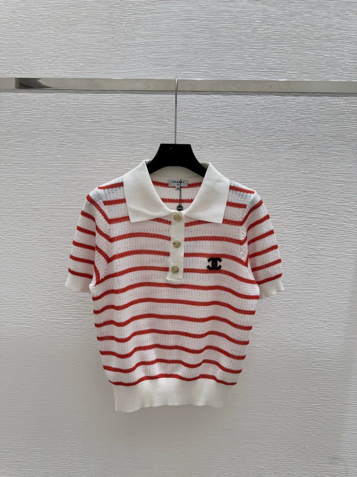 C 25 new striped button lapel short sleeve knit