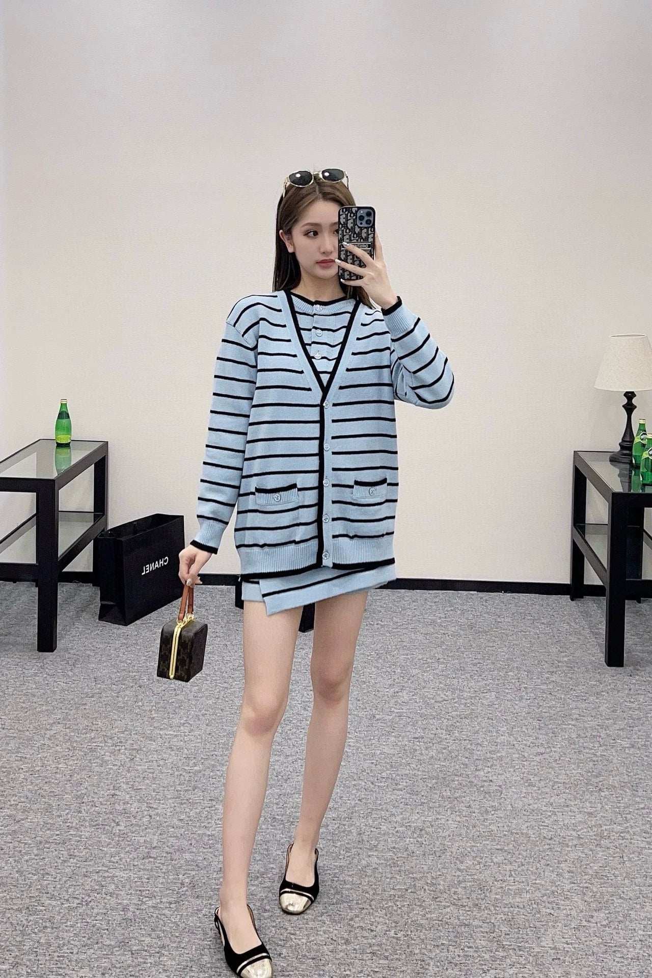 C 25 spring and summer new swallow logo buttons striped knit cardigan