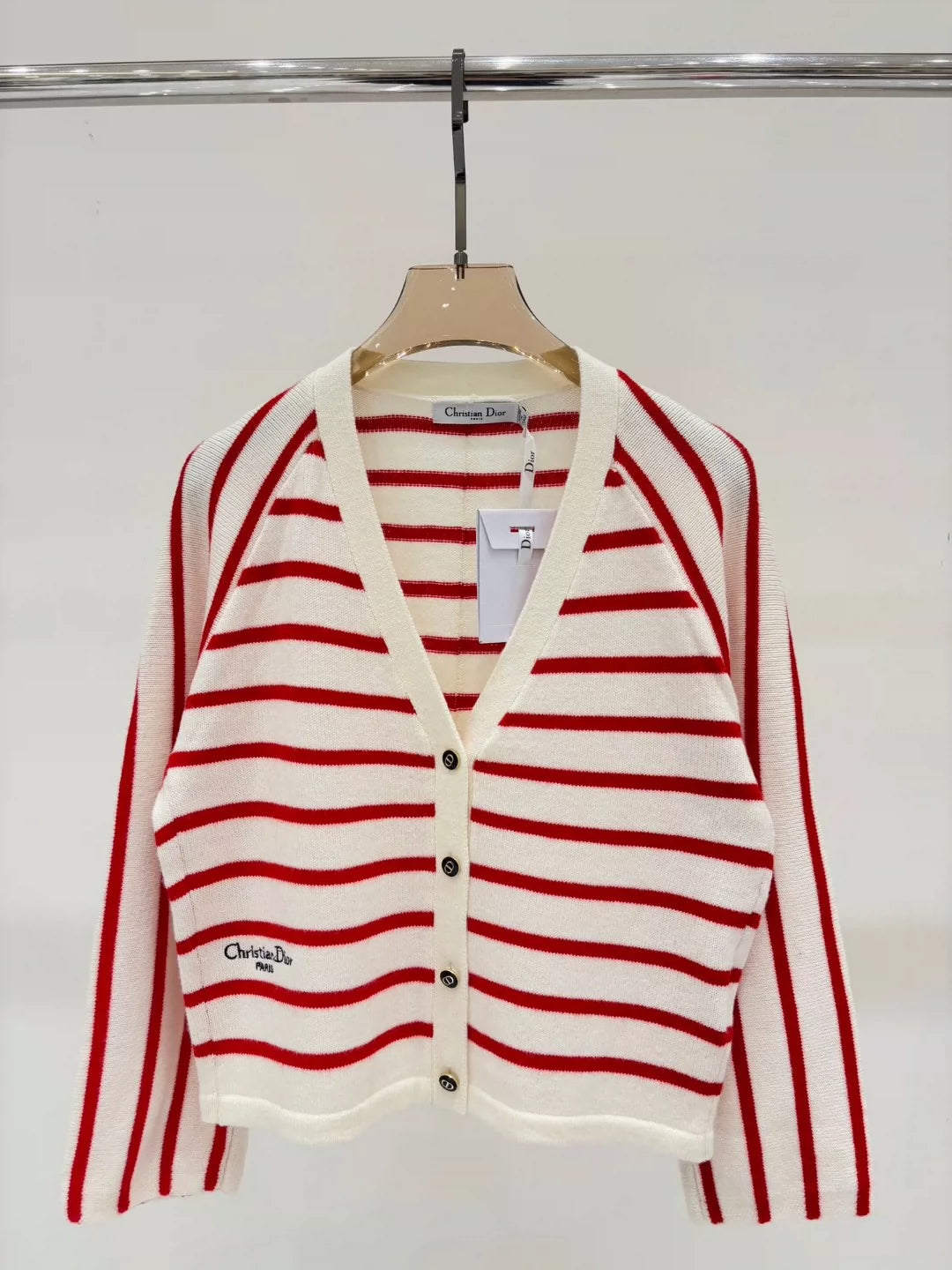D 25 Spring and Summer new V-neck letter logo embroidery stripes contrast color casual knitted cardigan