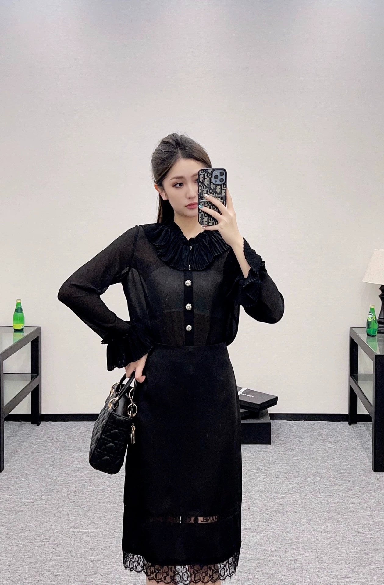 C 25 Accordion Lace Pleated Shirt and Skirt Set
