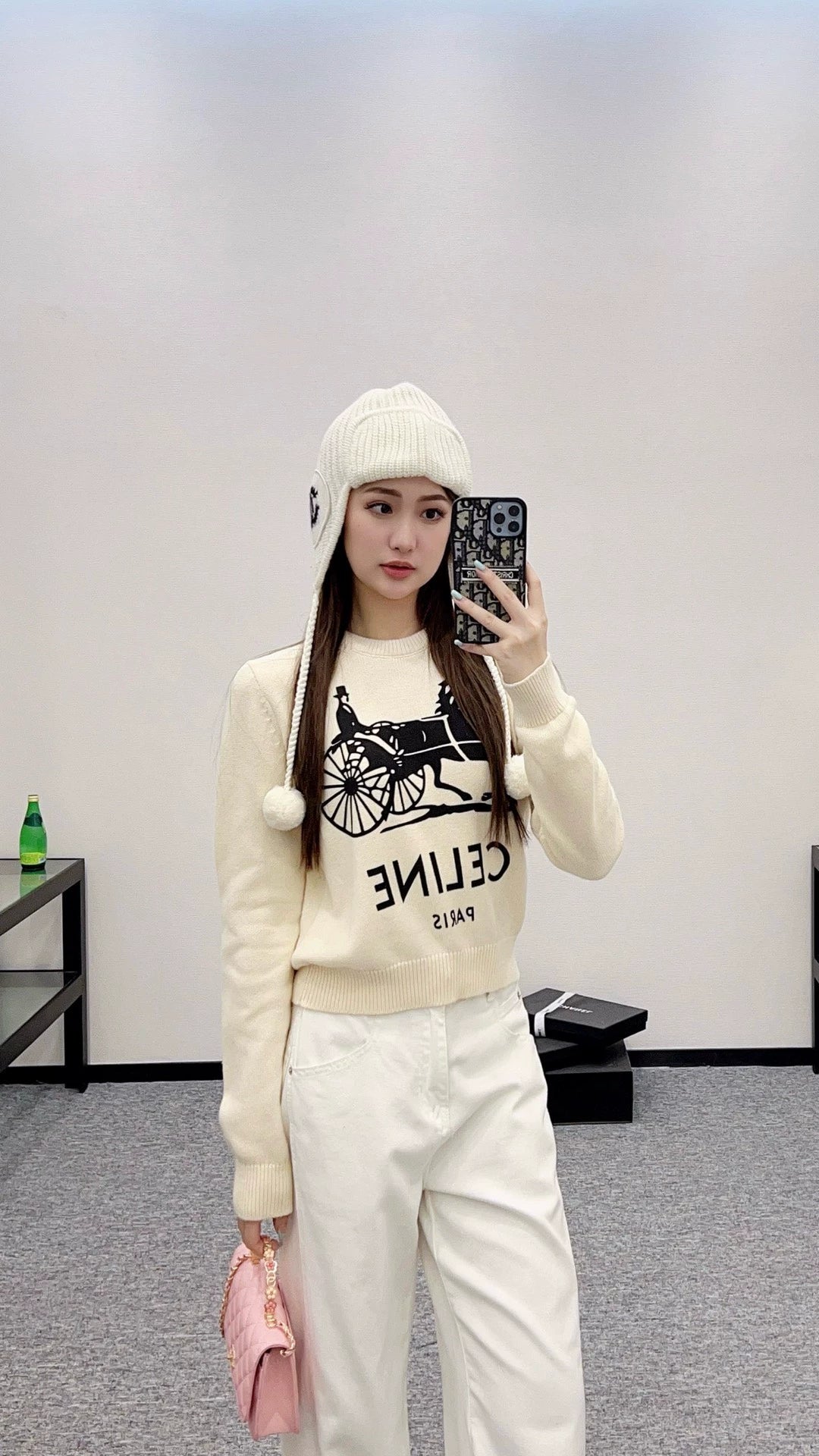 CE 25 Crochet letter carriage knit sweater(Beigei/black)