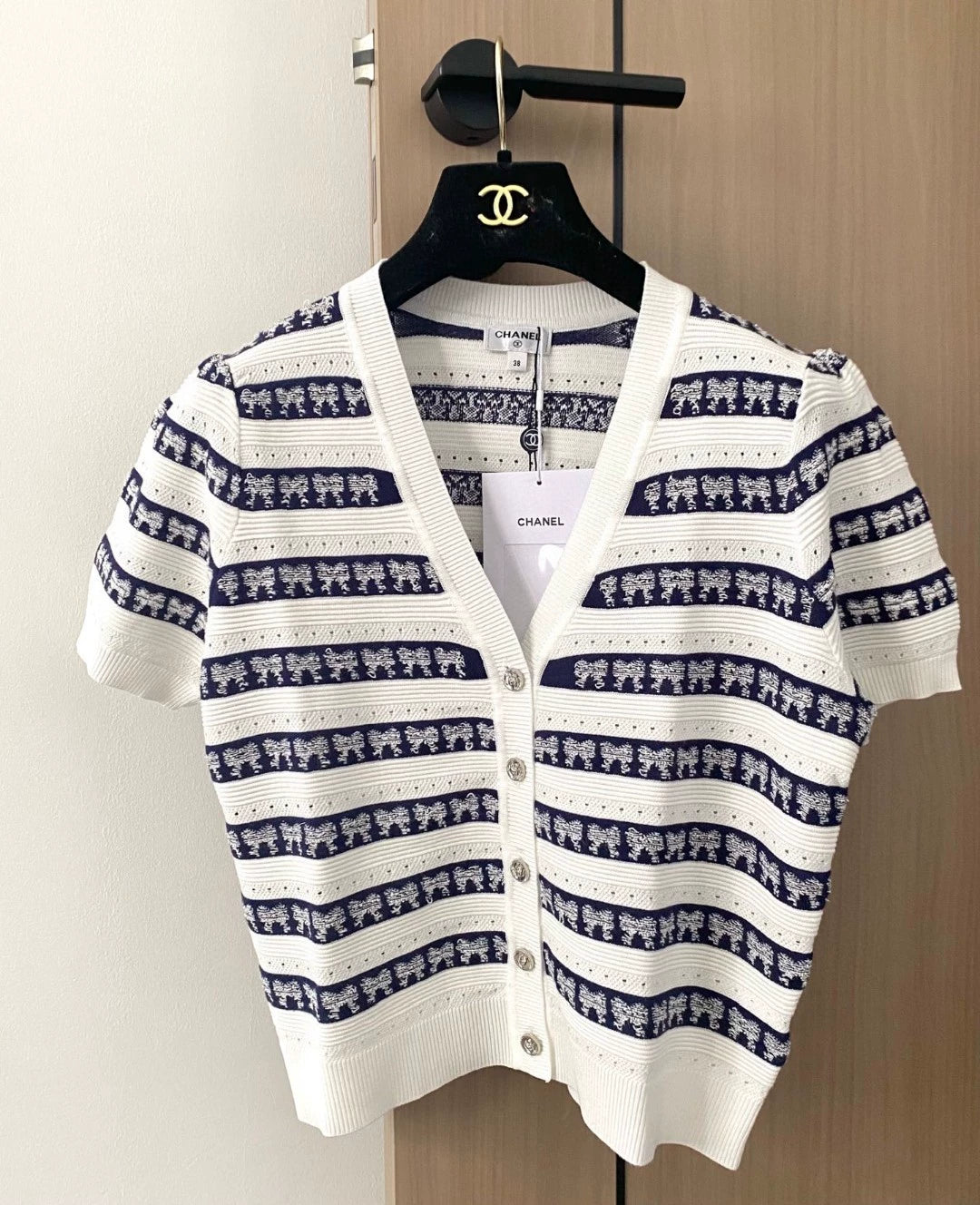 C 25 new striped bowknot V-neck short-sleeved knitted cardigan