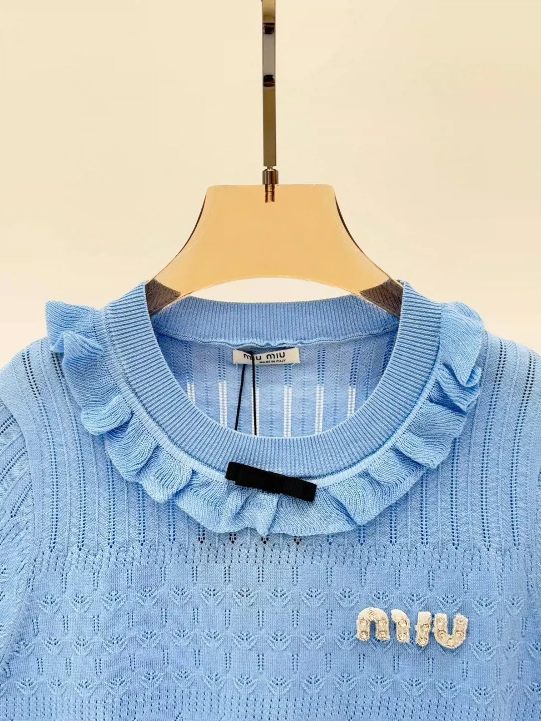 M 25 Early spring new round neck letter logo inlaid diamond ruffles decorative casual knitted short sleeves
