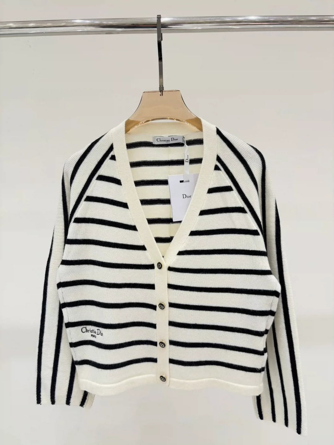 D 25 Spring and Summer new V-neck letter logo embroidery stripes contrast color casual knitted cardigan
