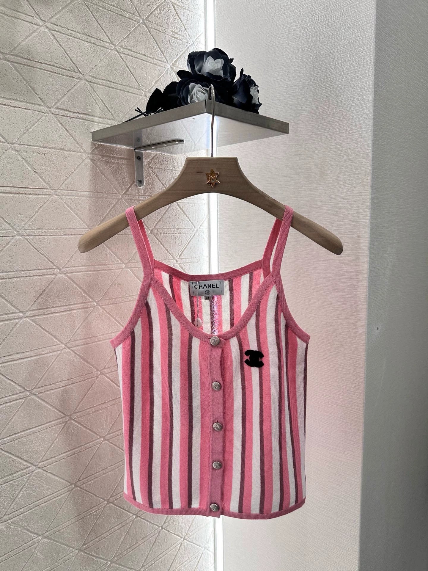 C 25 Spring/Summer New Pink BLUE Striped Knit Cardigan Camisole Vest