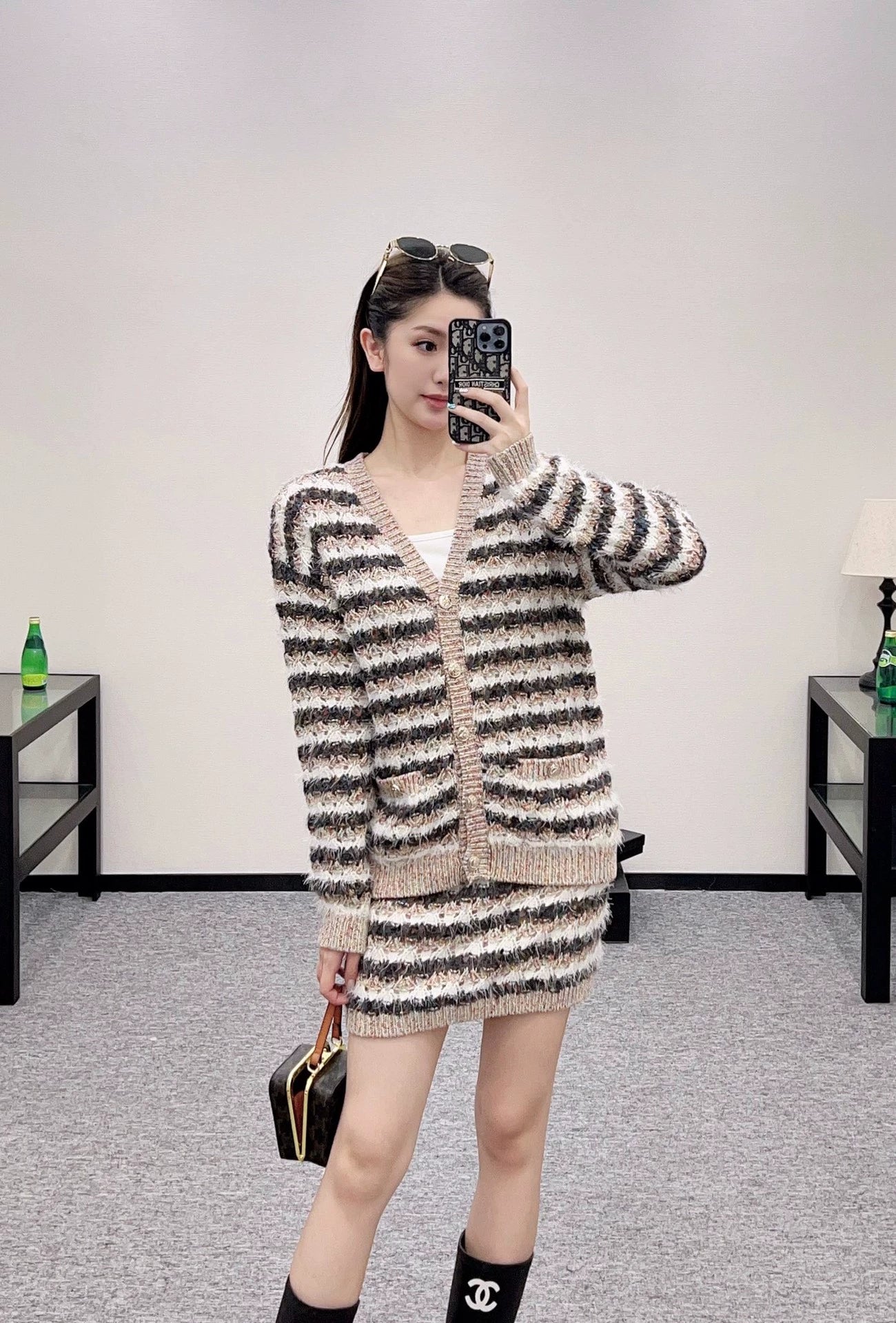 C 25fw Striped knitted cardigan and skirt set