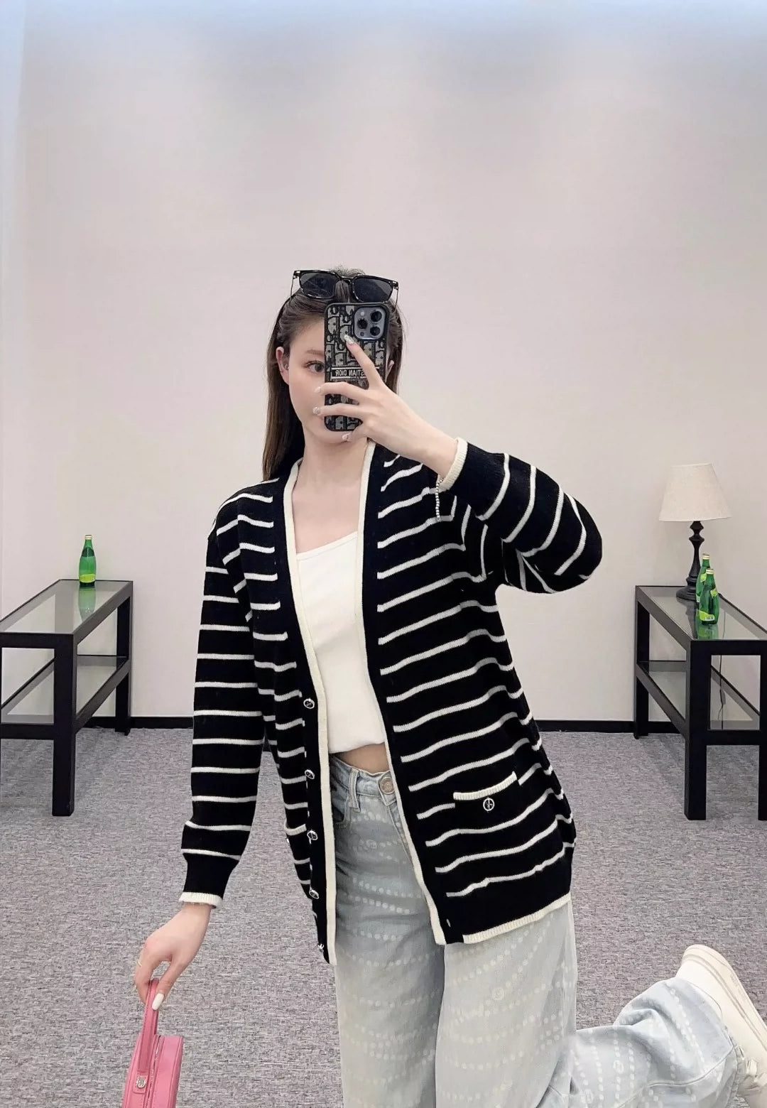 C 25 spring and summer new swallow logo buttons striped knit cardigan