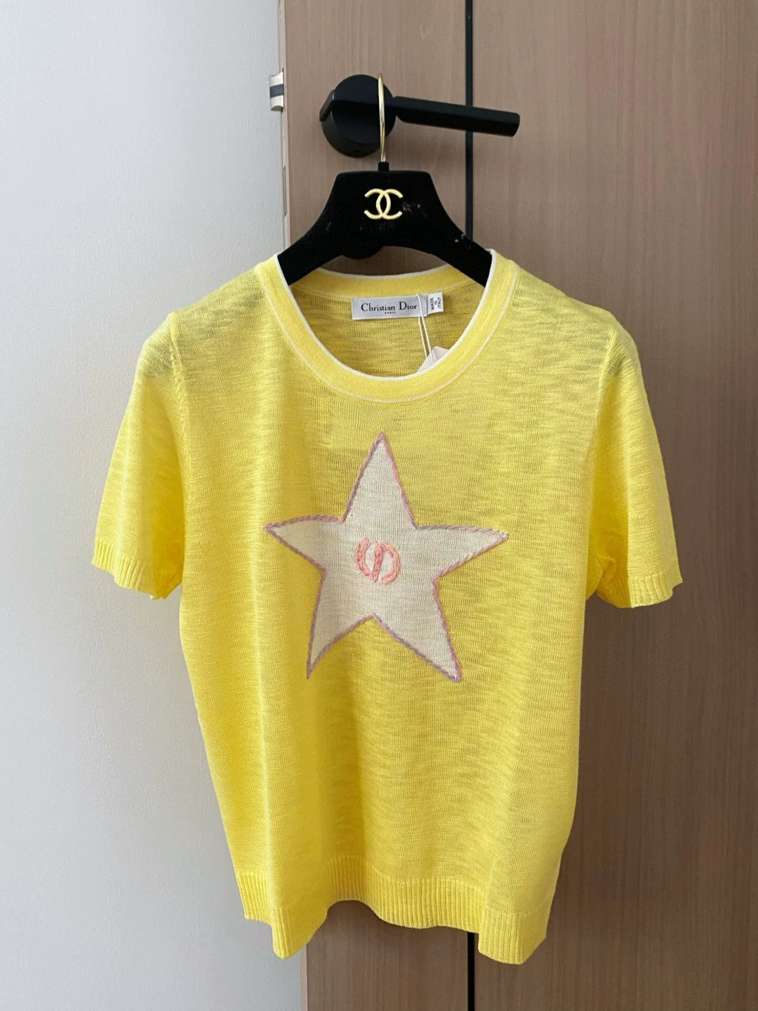 D 25 New Color Clash Stars Round Neck Short Sleeve Knit Top(white sapphire blue yellow )