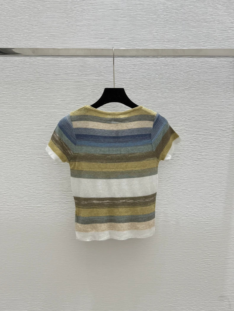 C 2025 Summer New Color Striped Knitted Short Sleeve Top