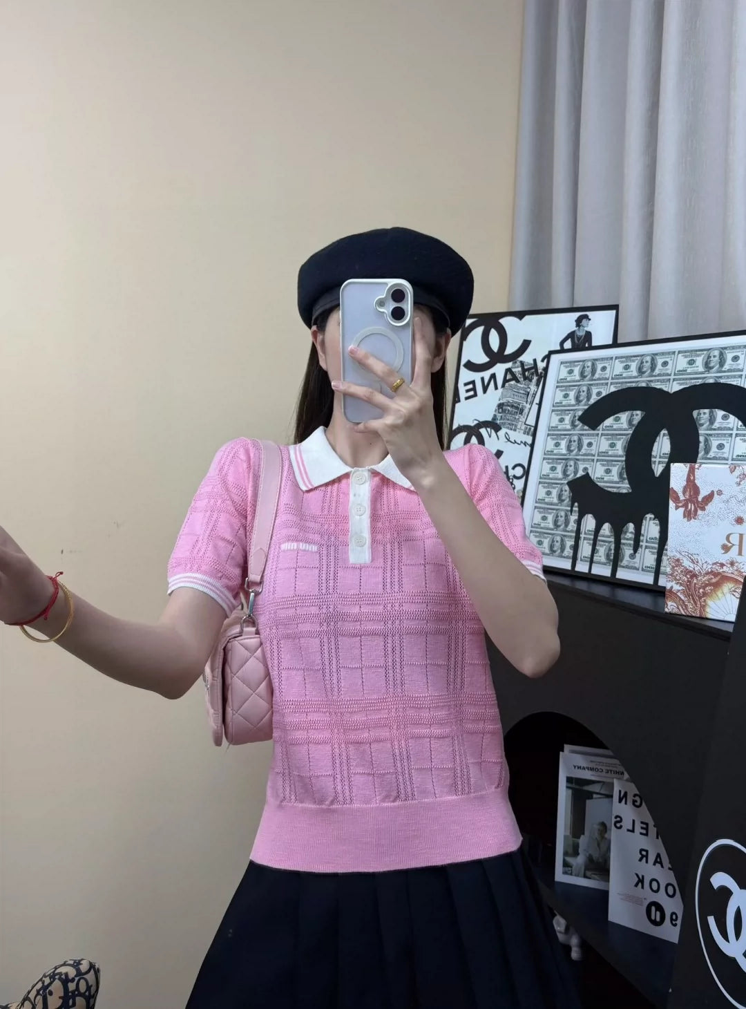 M 25 New Clashing Buttons Lapel Short Sleeve Knit (White Pink Yellow)