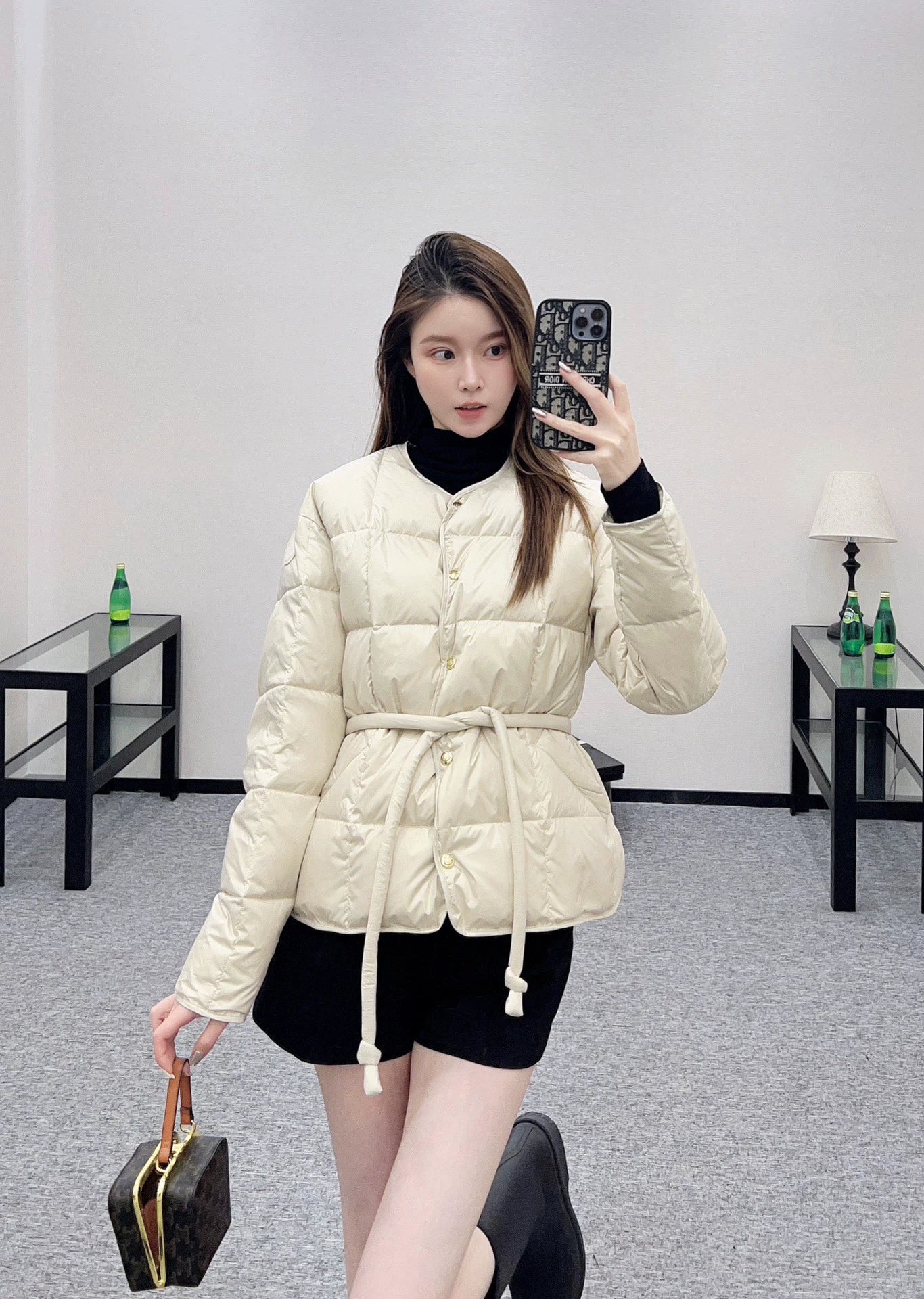Mon 25 Checkered lace-up crew neck down jacket