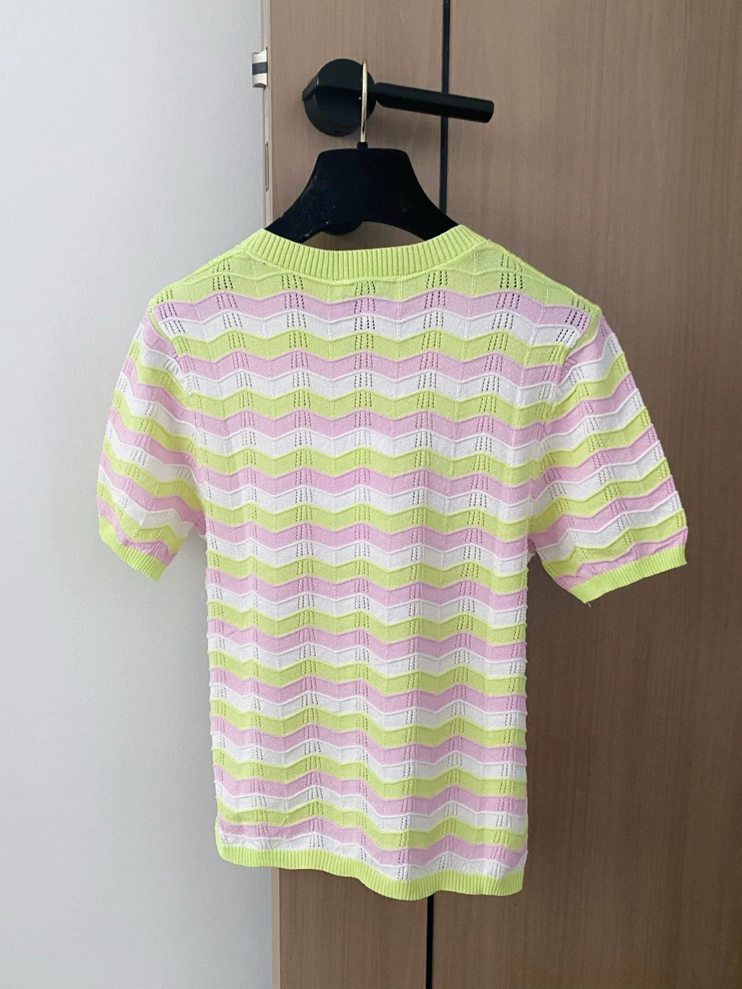 C 25 new color collision striped hollow round neck short sleeve knitting