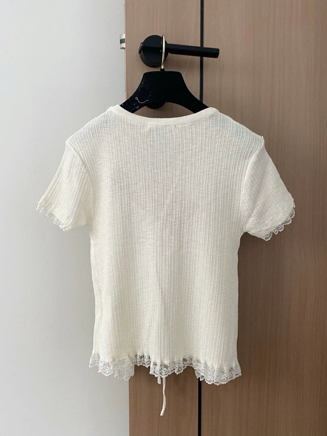 M 25 New Lace Lace Logo Short Sleeve False Two Piece Knit Top(white gray blue)