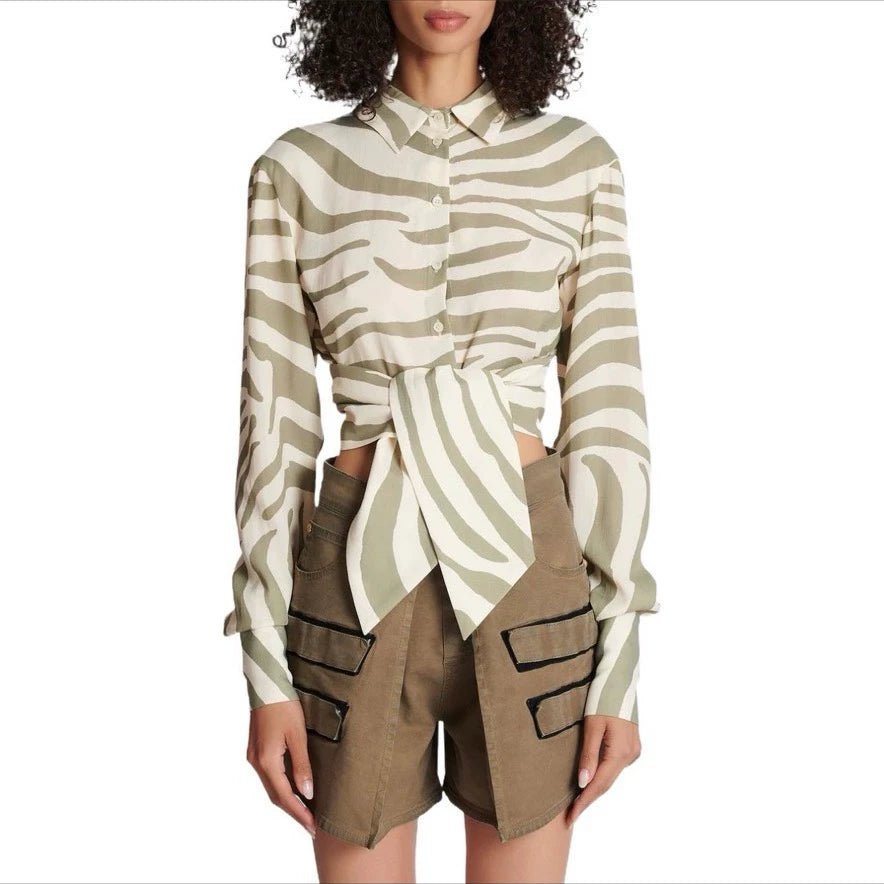 BA 25 new style leopard print tie long sleeve silk shirt