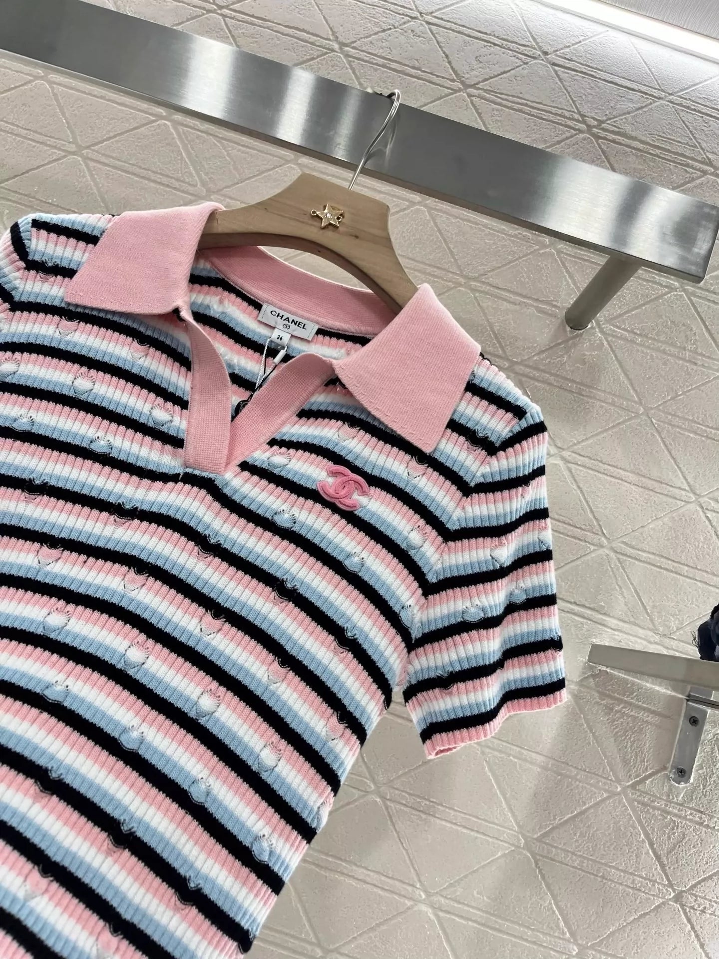 C 25 Lapel Striped Short Sleeve Top