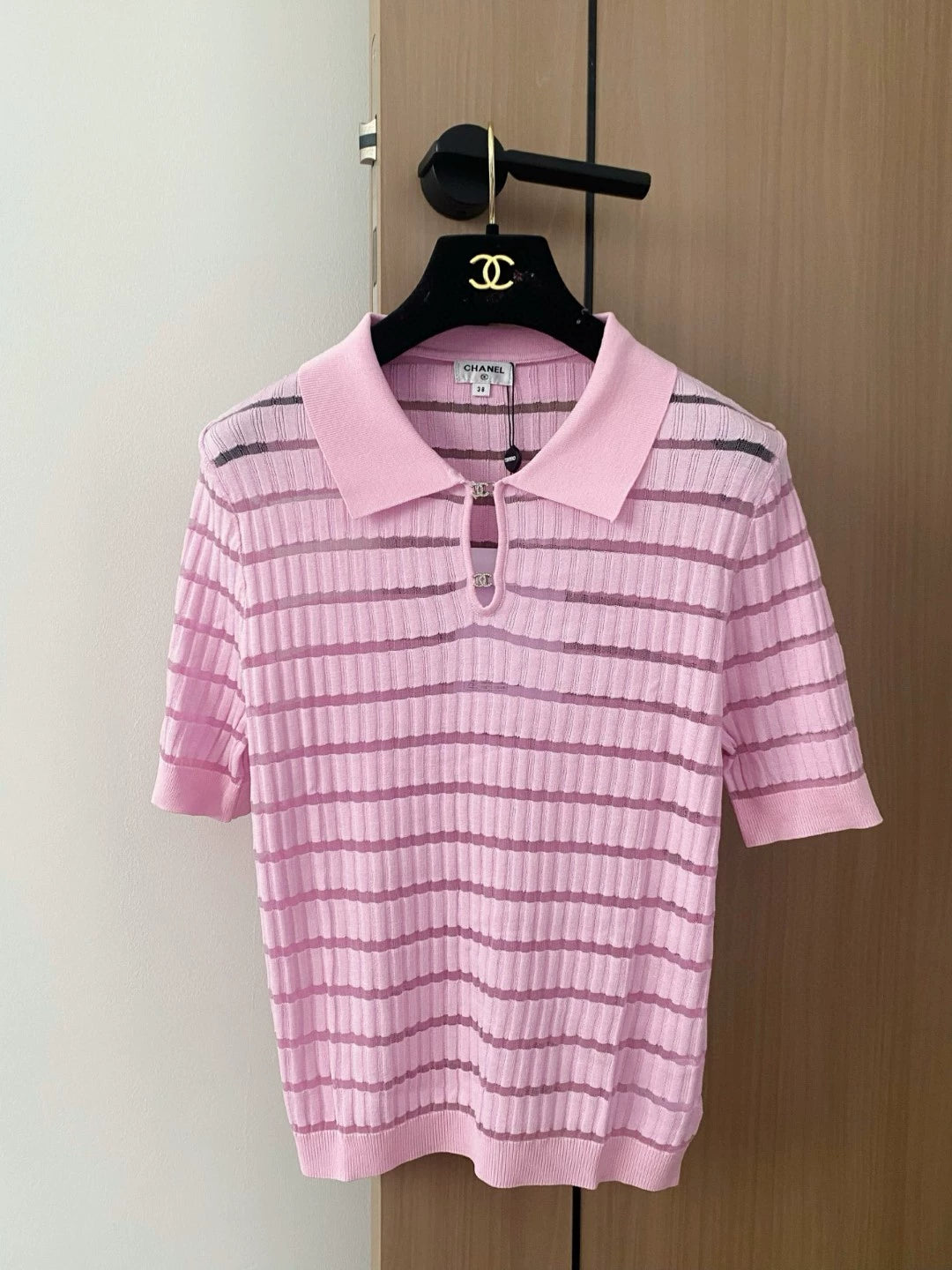 C 25 New Striped Buttoned Lapel Short Sleeve Knit Top(WHITE PINK)