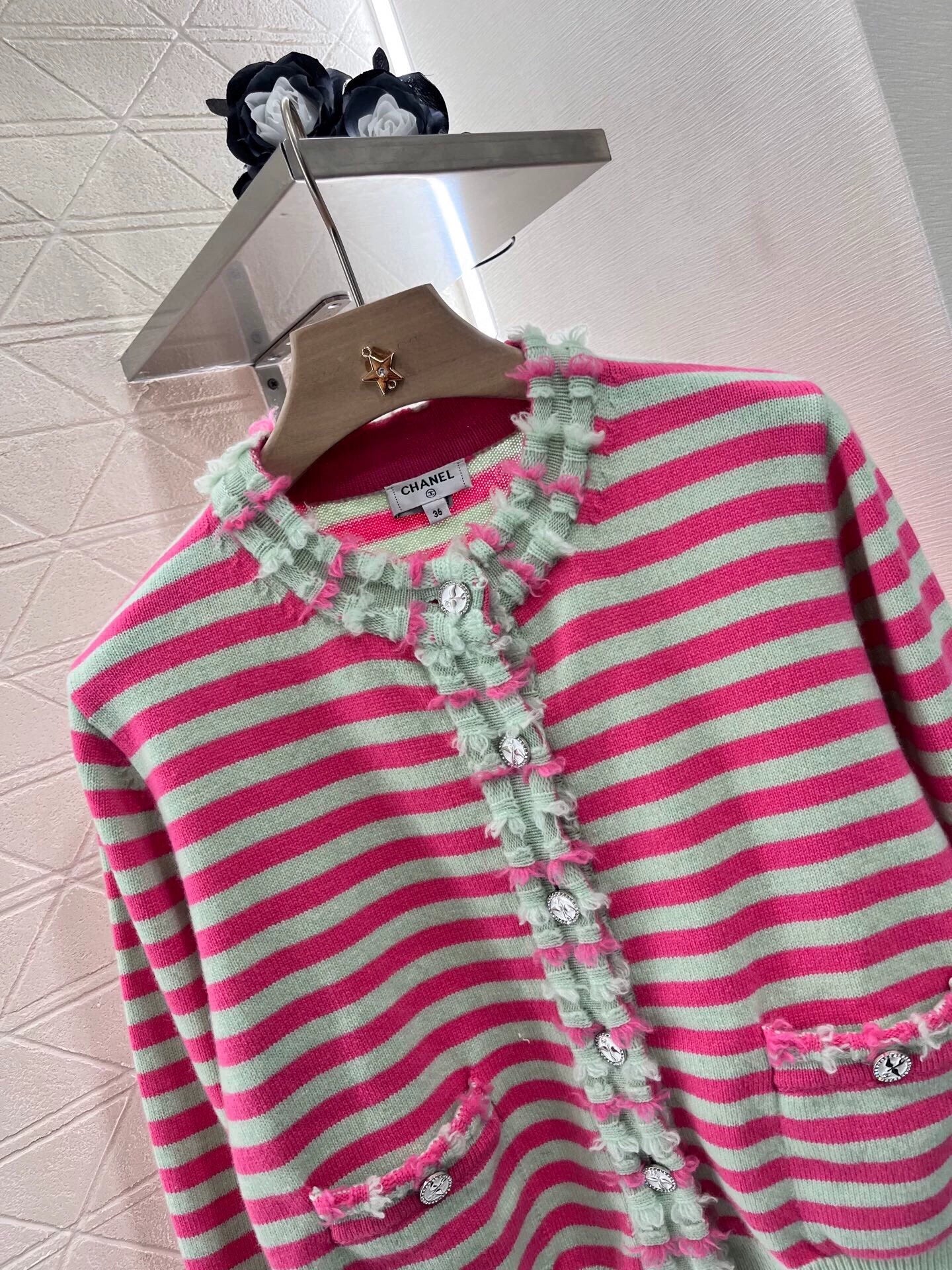 C 25 Striped Lace Knit Cardigan