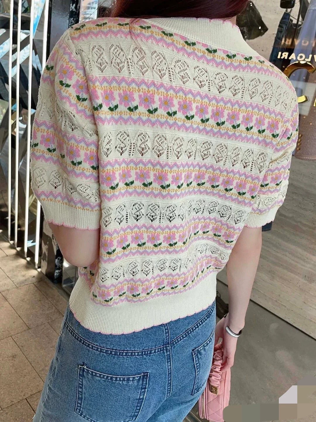 C 25 spring and summer new round neck striped hollow print knit cardigan