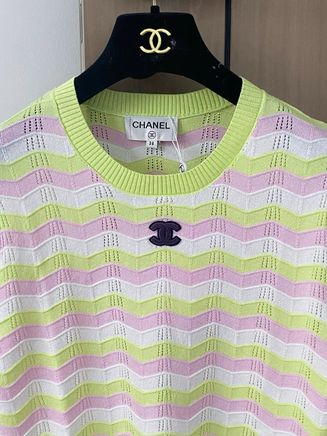 C 25 new color collision striped hollow round neck short sleeve knitting